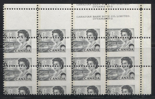 Canada #460fpiv 6c Black Transportation, 1967-1973 Centennial Definitive Issue, A VFNH Plate 2 Upper Right Block of 12 Showing Dramatic Misperf, Die 1a, GT-2, LF Ribbed, Showing Double Inscription, Ex. Prince