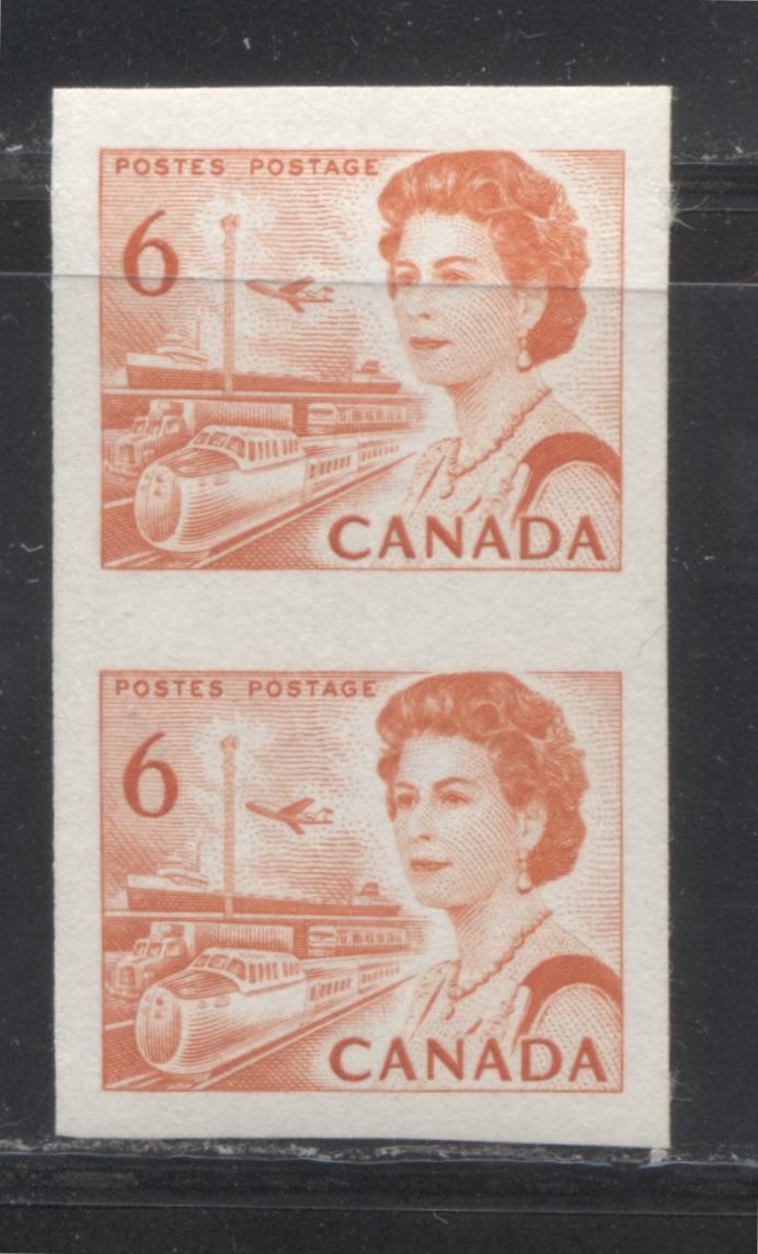 Canada #468Ai 6c Orange Transportation, 1967-1973 Centennial Definitive Issue, A VFNH Example of the Rare Imperforate Coil Pair on HB Paper