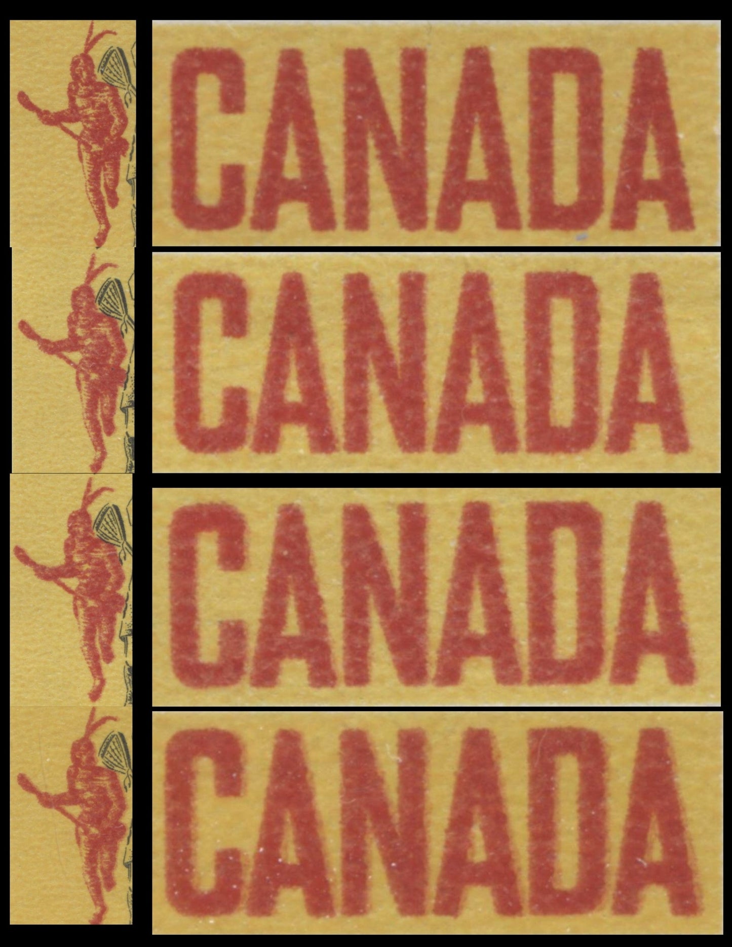 Canada #483ivar 5c Yellow, Black & Red Lacrosse Players, 1968 Lacrosse, 2 VFNH Singles With Moderate & Weak Kiss Print (Doubling Of Red), Unchecked As To Paper
