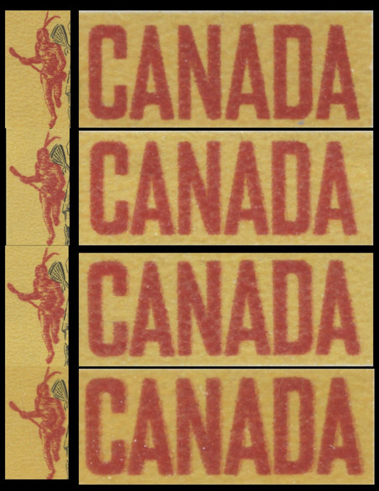 Canada #483ivar 5c Yellow, Black & Red Lacrosse Players, 1968 Lacrosse, 2 VFNH Singles With Moderate & Weak Kiss Print (Doubling Of Red), Unchecked As To Paper