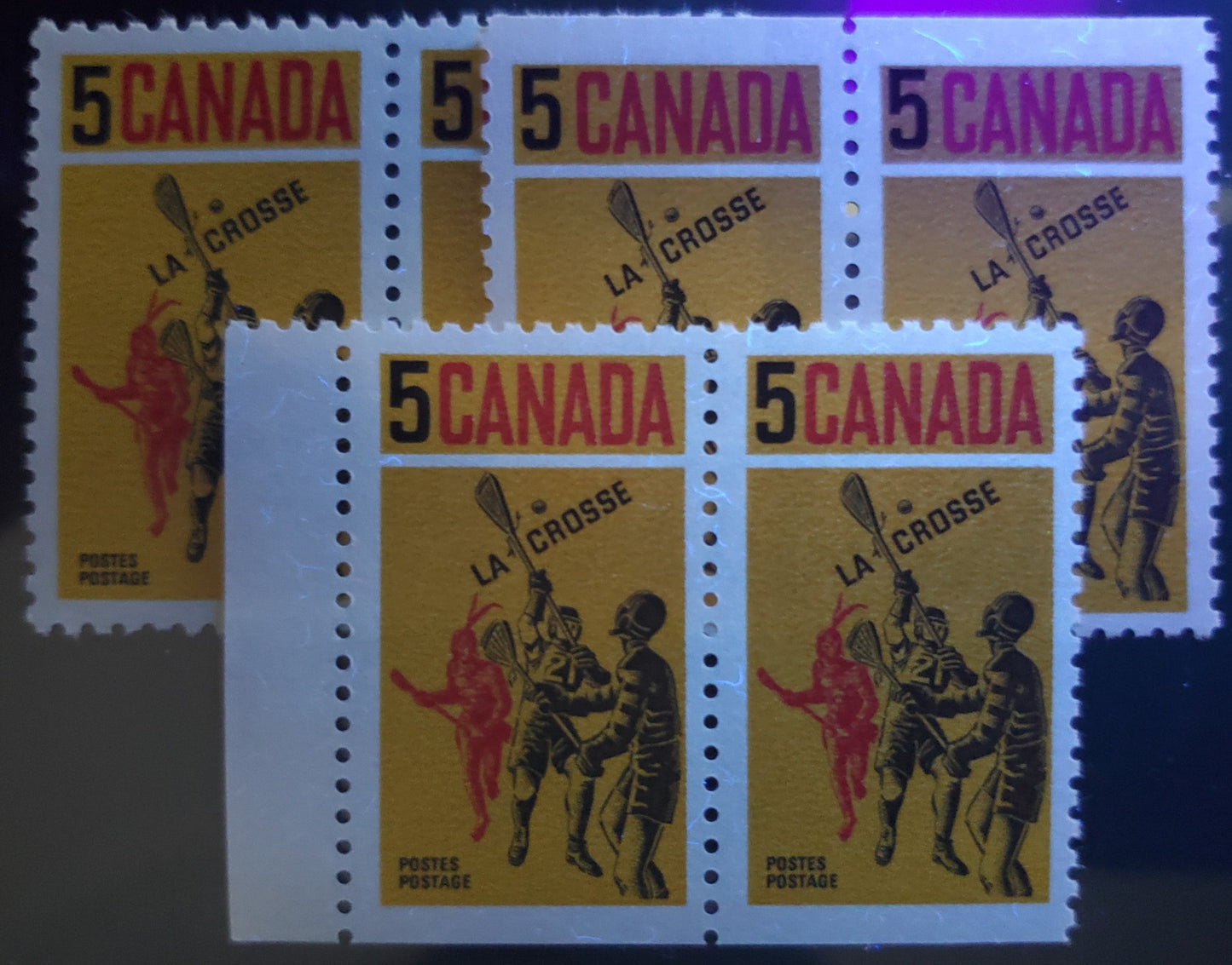 Lot 3 Canada #483&var 5c Yellow, Black and Red Lacrosse Players, 1968 Lacrosse Issue, Specialized Group of 8 VFNH Singles on Different NF, NF-fl, DF and DF-fl Papers, With Normal "5", Raised "5" and Dropped "5" Varieties