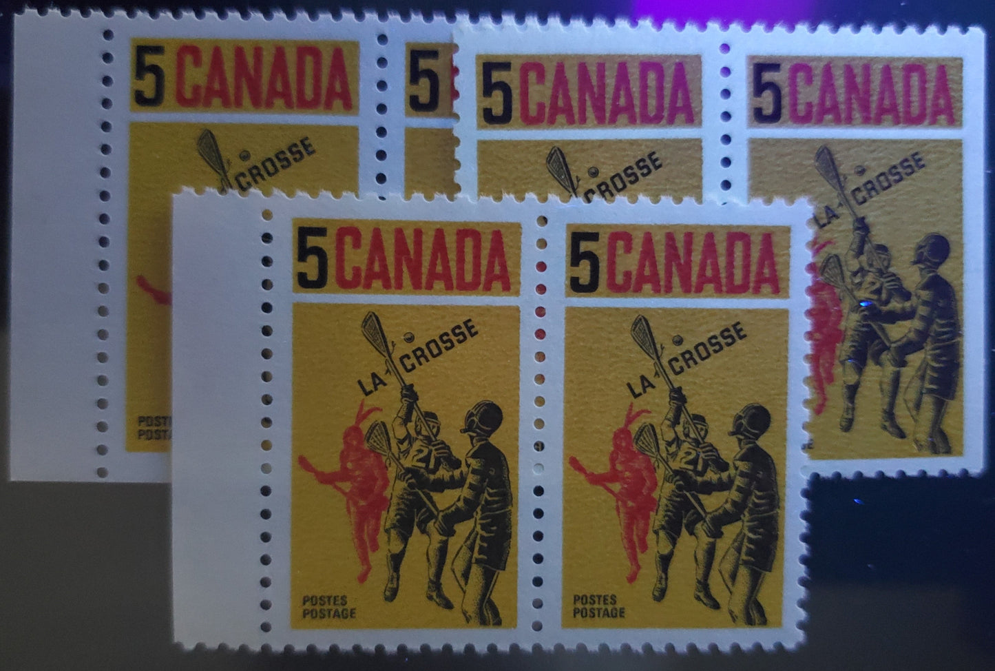 Lot 3 Canada #483&var 5c Yellow, Black and Red Lacrosse Players, 1968 Lacrosse Issue, Specialized Group of 8 VFNH Singles on Different NF, NF-fl, DF and DF-fl Papers, With Normal "5", Raised "5" and Dropped "5" Varieties