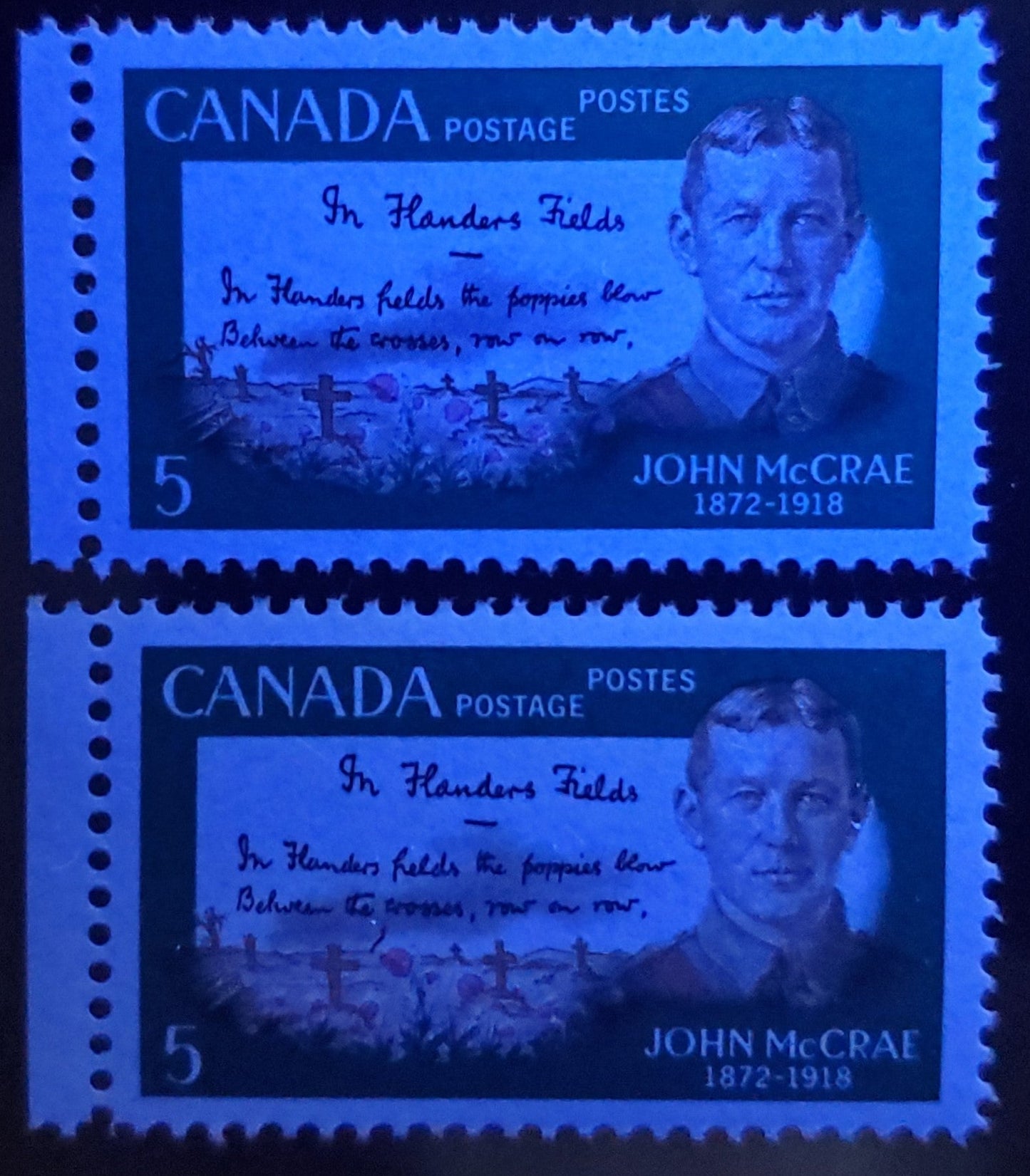 Canada #487i 5c Multicolored John McCrae & Poem, 1968 John McCrae Issue, 2 VFNH Singles On HB & HF Papers, Perf 11.9, Smooth Dex Gum, Stroke In A Of Canada & Dot At Top Of A