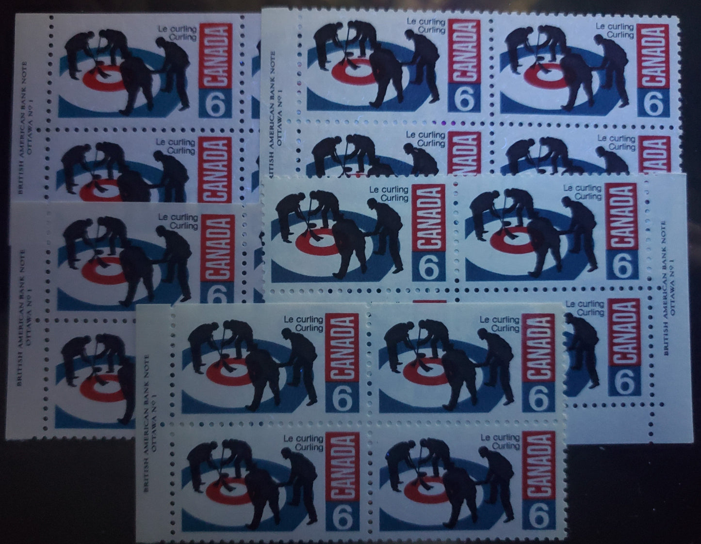 Canada #490,I,491 6c Black, Bright Blue and Carmine & Yellow Olive and Dark Brown Curlers On Rink & Vincent Massey, 1969 Curlers & Vincent Massey Issues, 9 VFNH Singles With Different Types Of DF, DF-fl, HF & HB Papers