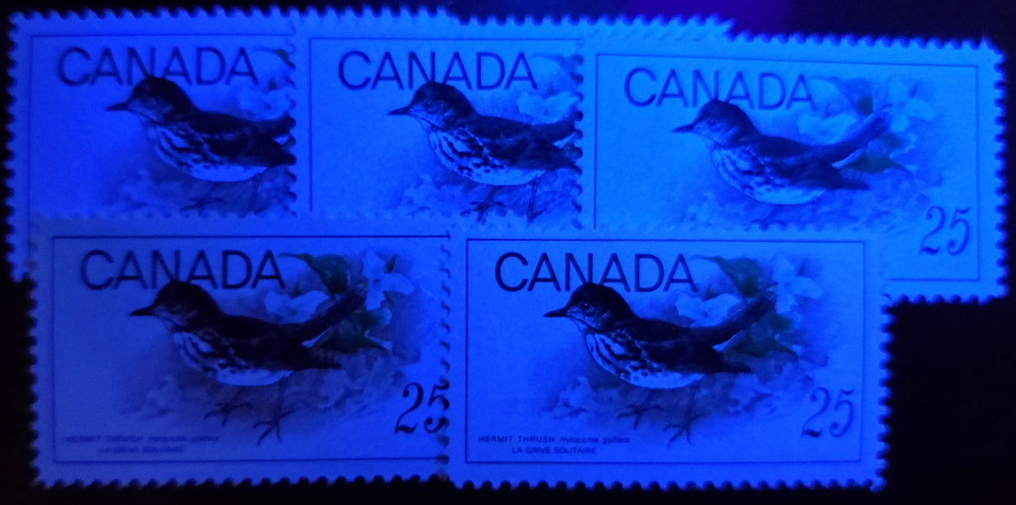 Canada #496 - 498 6c-25c Multicoloured - Black & Multicoloured White Throated Sparrow - Hermit Thrush, 1969 Birds Issue, 15 VFNH Singles On Various HB & HF Papers, Light And Dark Shades