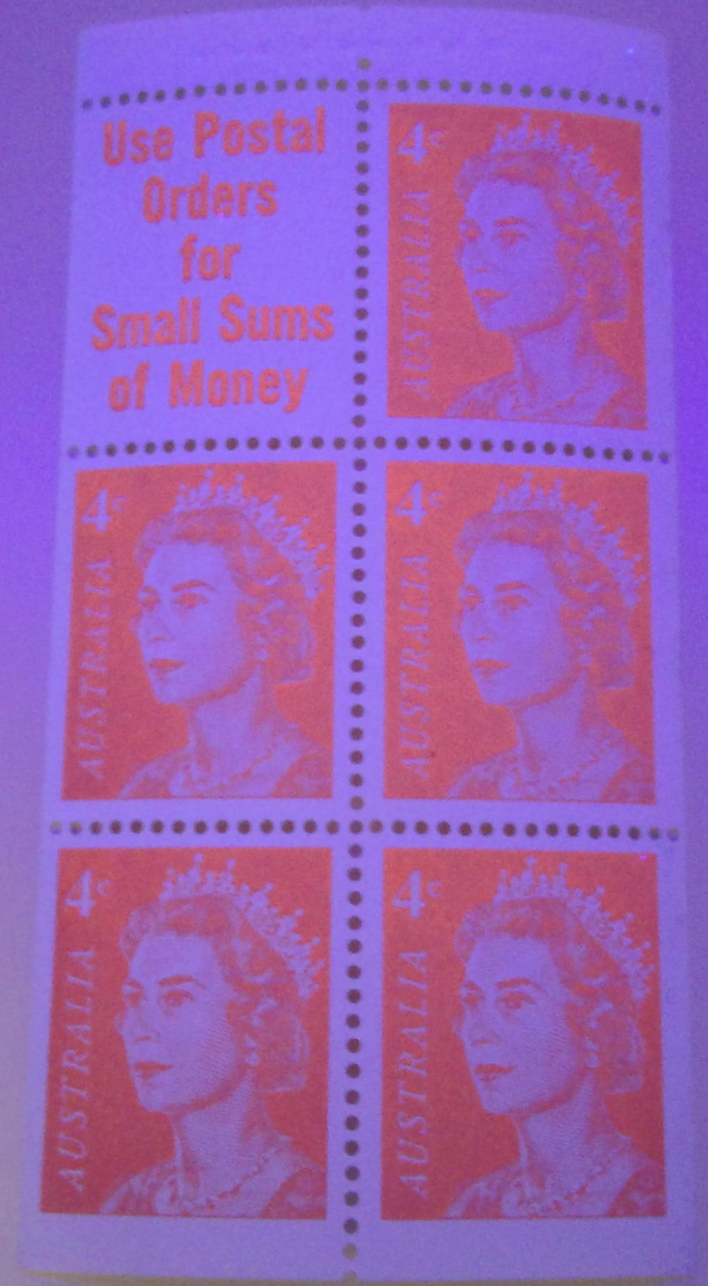 Australia #397a (SG#385a) 4c Orange Red Queen Elizabeth II 1966-1973 Decimal Definitive Issue, a Very Fine NH Booklet Pane of 5 + Label, Printed on Dead Paper in Helecon Ink