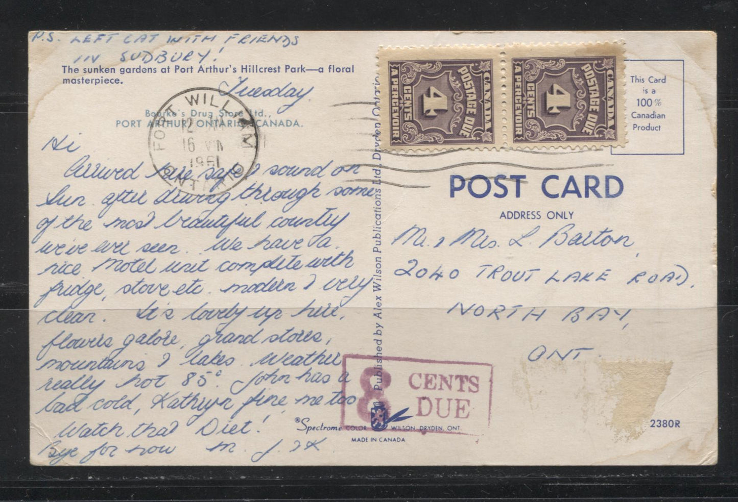 Canada #J17-340 4c Dark Violet 4c Postage Due and 4c Violet Queen Elizabeth, Fourth Postage Due Issue 1935-65 And 1954-62 Wilding Issue A Set of Two Domestic Letters (One with Postage Due Handstamp) and One Domestic Postcard (Postage Due)