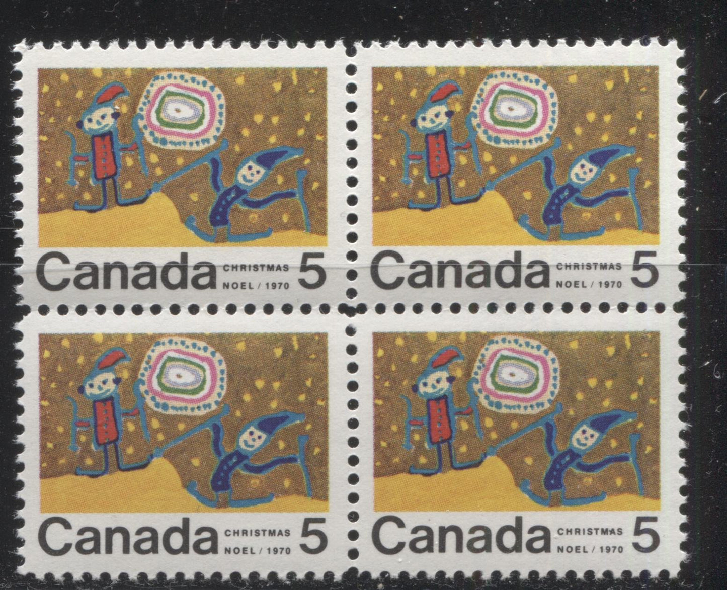 Lot 116 Canada #522i 5c Multicoloured Children Skiing, 1970 Christmas Issue, a VFNH Centre Block of 4 on HB10 Ribbed Paper, With Dot Between "MA" of "Christmas" on LR Stamp, Perf. 11.85 x 11.95