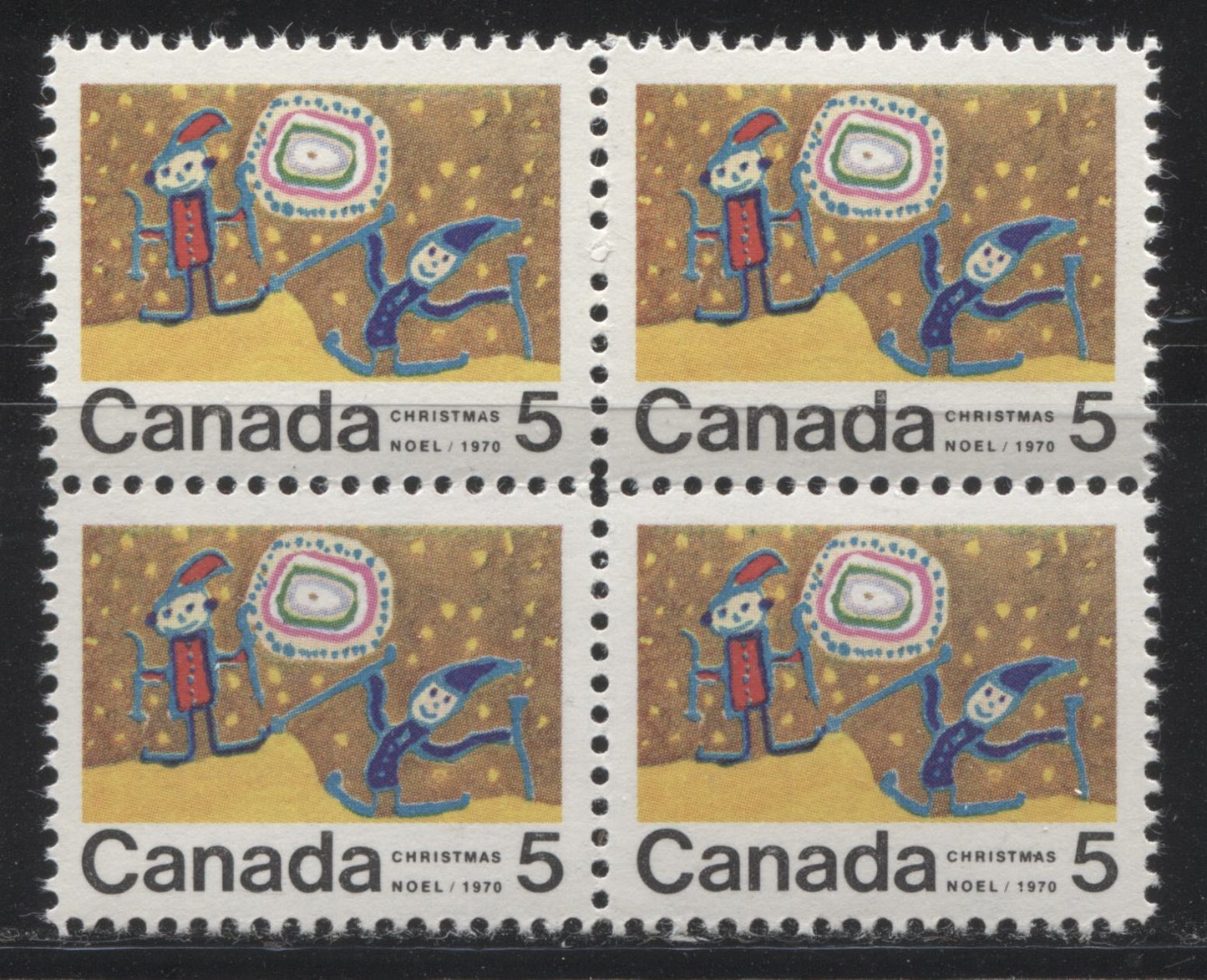 Lot 115 Canada #522i 5c Multicoloured Children Skiing, 1970 Christmas Issue, a VFNH Centre Block of 4 on HB10 Ribbed Paper, With Dot Between "MA" of "Christmas" on LR Stamp, Perf. 11.95 x 11.9
