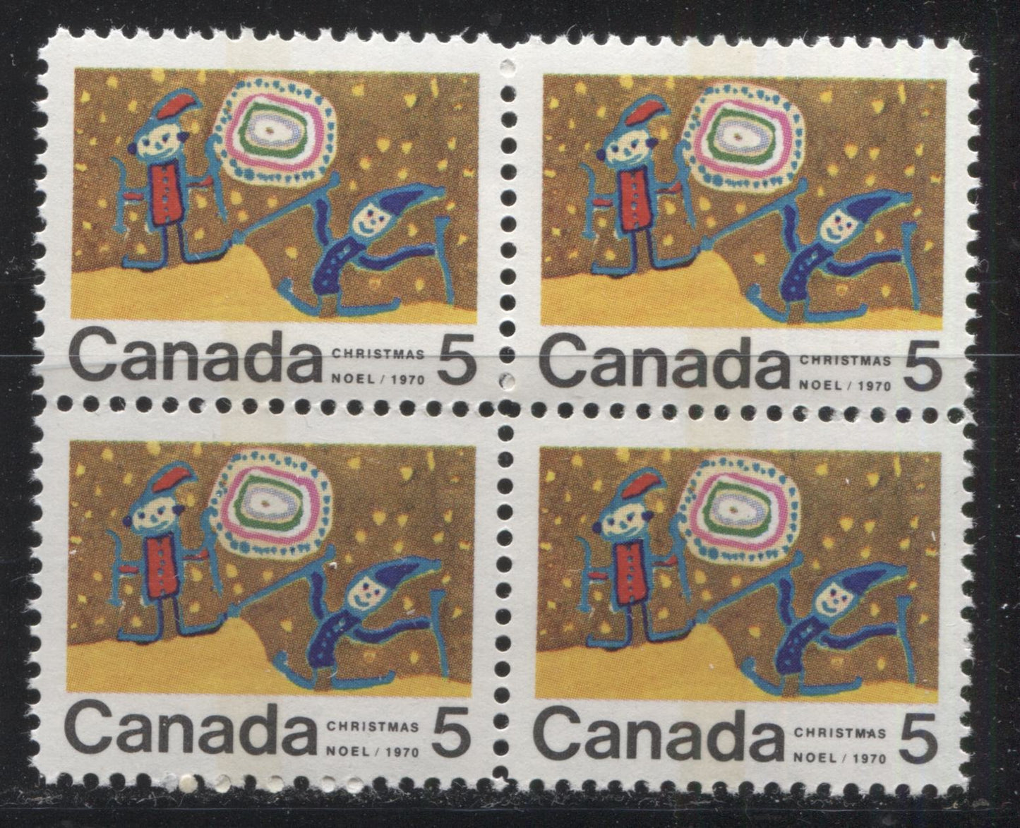 Lot 129 Canada #522pii 5c Multicoloured Children Skiing, 1970 Christmas Issue, a VFNH Winnipeg Tagged Centre Block of 4 on HB11 Ribbed Paper, With Dot Between "MA" of "Christmas" on LR Stamp, Perf. 11.9 x 11.95