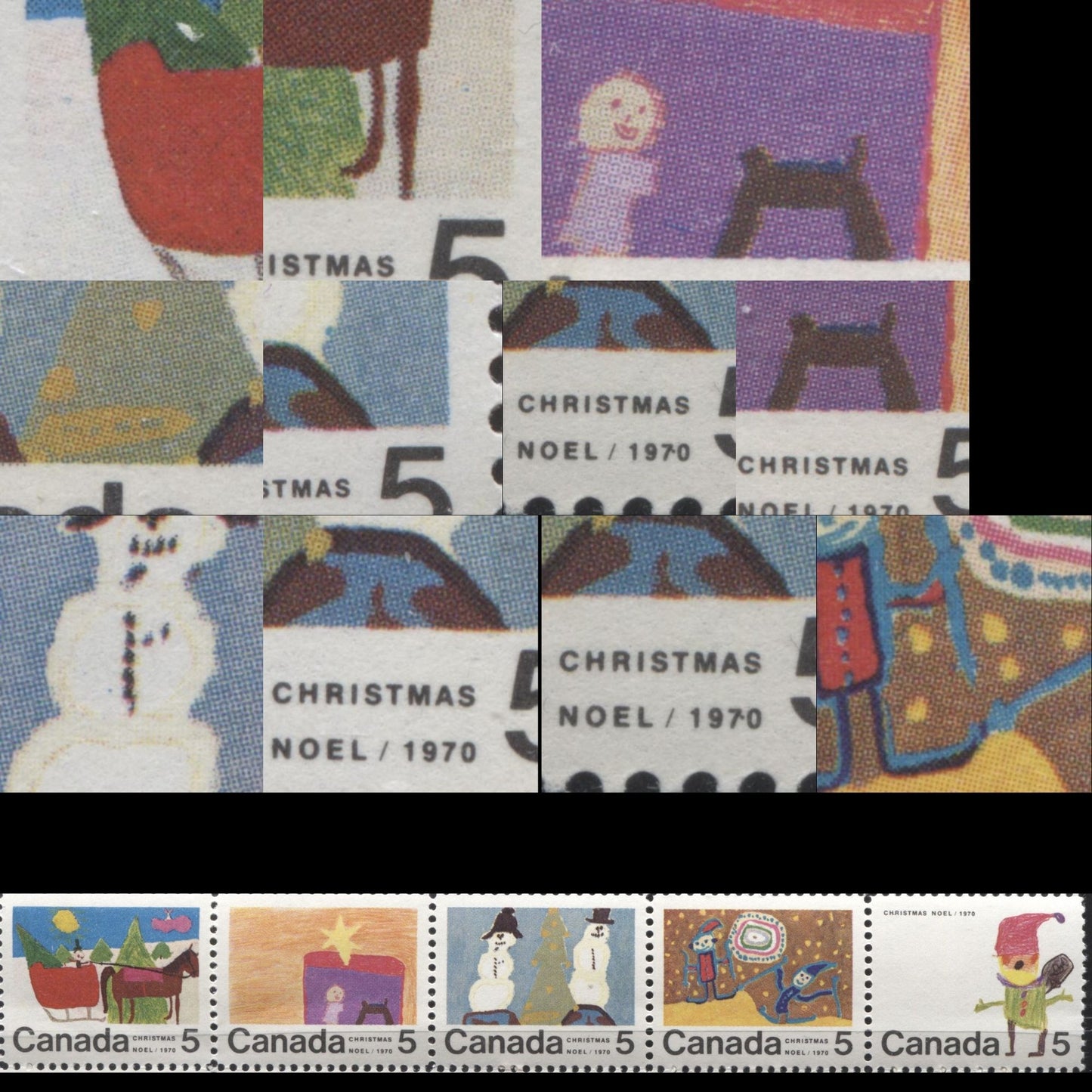 Lot 147 Canada #519p/523p 5c Multicoloured 1970 Christmas Issue, A Complete Set of 12 Winnipeg Tagged Constant Plate Varieties From Combination 1, Ribbed HB11 Paper, Perf. 11.9 x 11.95