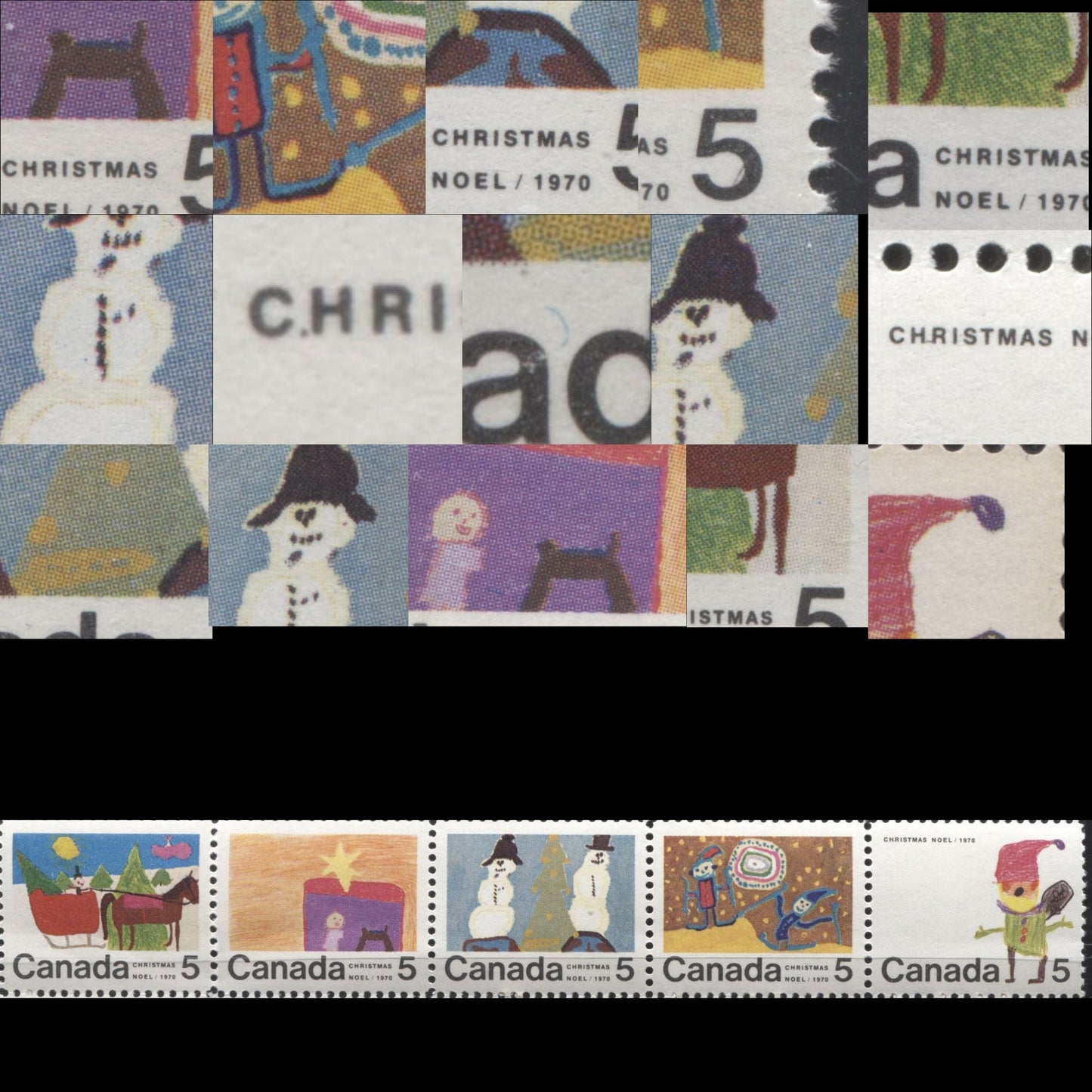 Lot 139 Canada #519-523 5c Multicoloured 1970 Christmas Issue, A Complete Set of 15 Constant Plate Varieties From Combination 3, Ribbed HB11 Paper, Perf. 11.9
