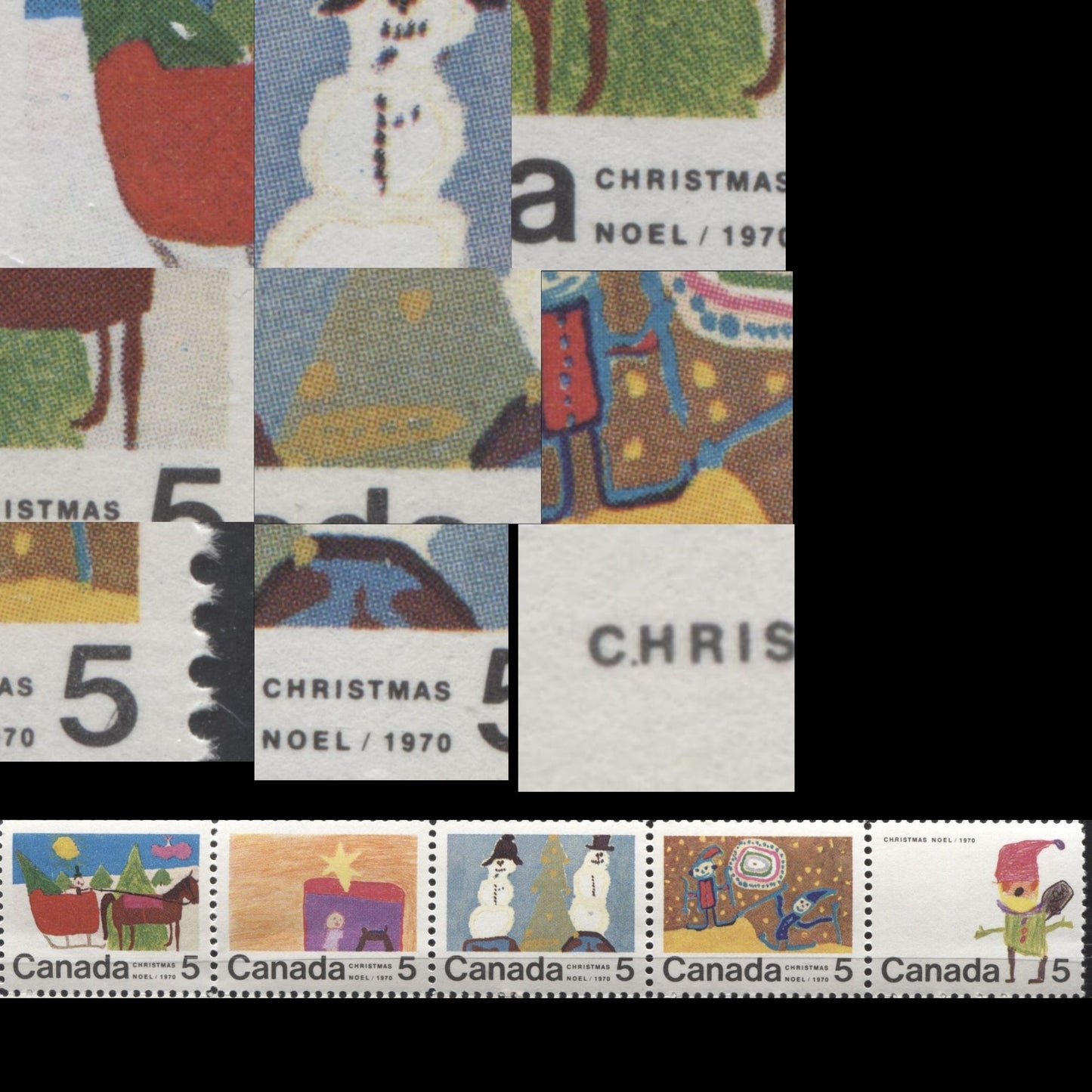 Lot 146 Canada #519p-523p 5c Multicoloured 1970 Christmas Issue, A Complete Set of 11 Winnipeg Tagged Constant Plate Varieties From Combination 4, Ribbed HB11 Paper, Perf. 11.95 x 11.9