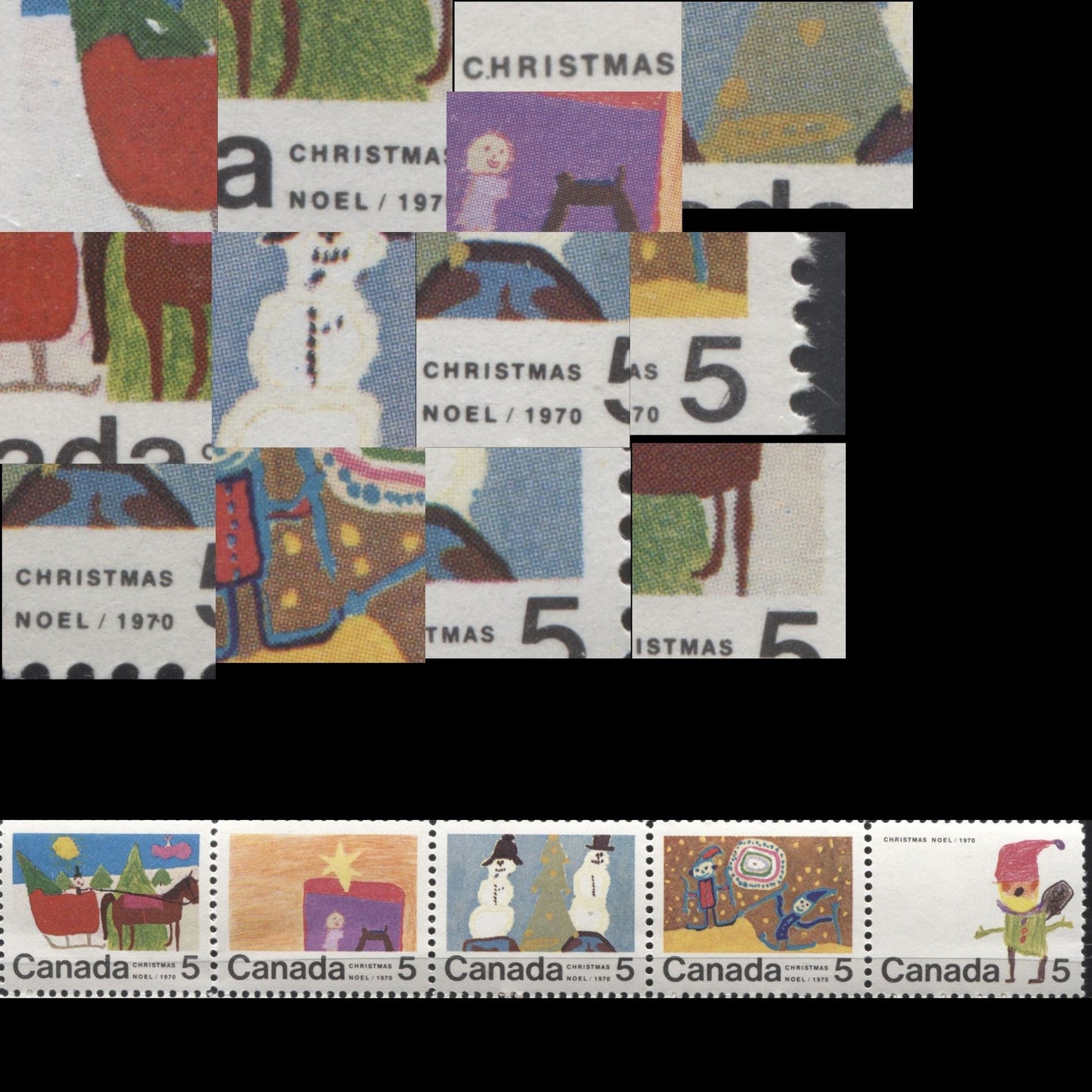 Lot 138 Canada #519-523 5c Multicoloured 1970 Christmas Issue, A Complete Set of 12 Constant Plate Varieties From Combination 5, Smooth HB12 Paper, Perf. 11.9