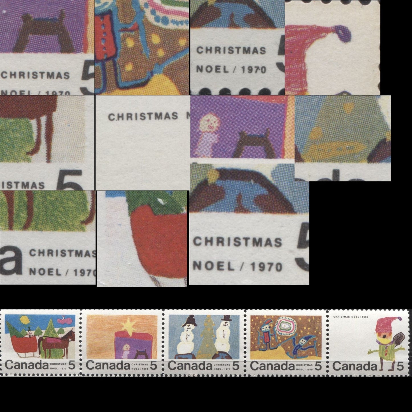 Lot 136 Canada #519/523 5c Multicoloured 1970 Christmas Issue, A Complete Set of 10 Constant Plate Varieties From Combination 7, Smooth HB11 Paper, Perf. 11.9