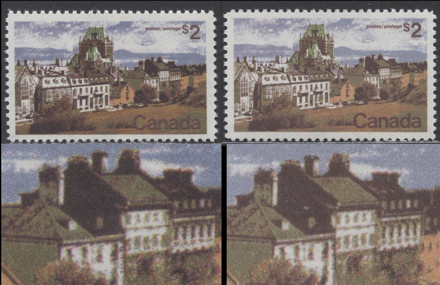 Canada #601 $2 Multicolored Quebec, 1972 Landscape Definitives, 2 VFNH Plate 2 Singles On Two Different LF Flecked Papers, Perf 11