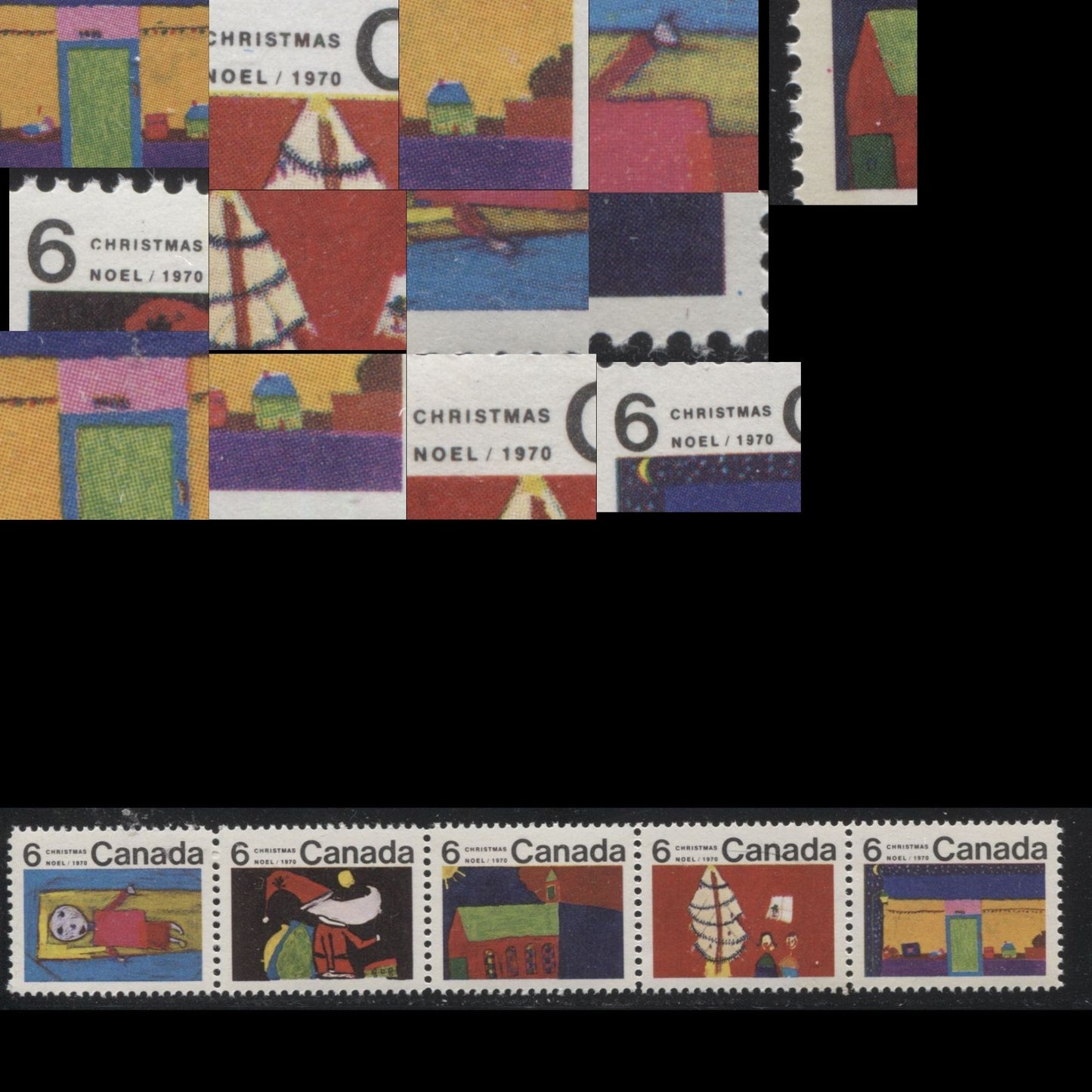 Lot 166 Canada #524p-528p 6c Multicoloured 1970 Christmas Issue, A Nearly Complete Set of 12 Winnipeg Tagged Constant Plate Varieties From Combination 4, Ribbed HB12 Paper, Perf. 11.9