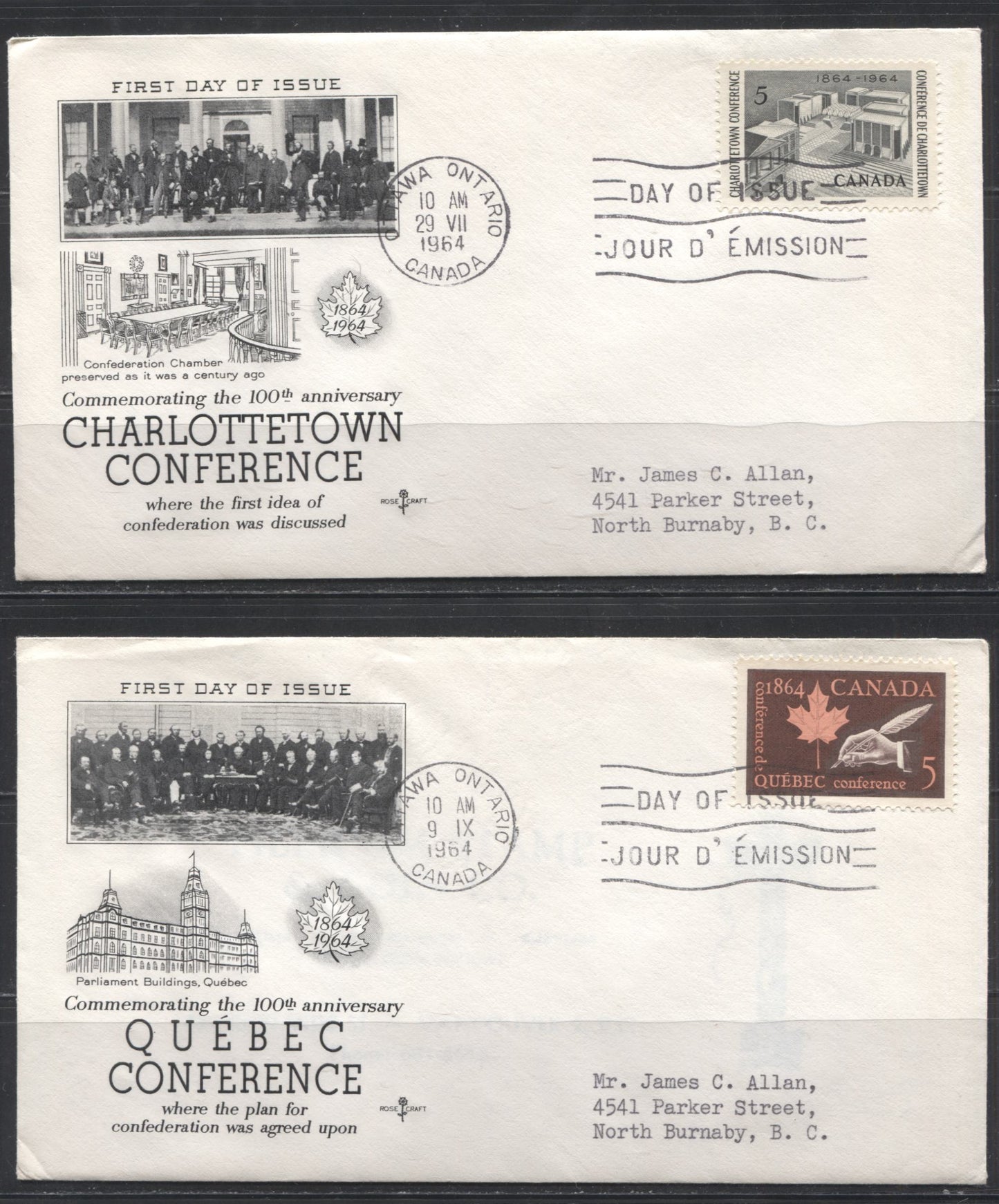 1964 Commemorative Issues - 6 Rosecraft First Day Covers Franked With Singles