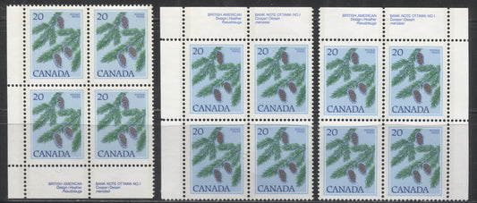 Canada #718 20c Multicoloured Douglas Fir, 1977-1982 Floral & Environment Issue, VFNH UL, UR and LL Plate 1 Blocks on DF/DF-fl Paper With Mottled Background