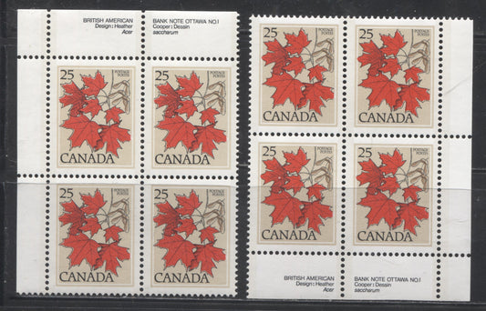 Canada #719 25c Multicoloured Sugar Maple, 1977-1982 Floral & Environment Issue, VFNH UL and LR Plate Blocks on NF/DF Paper With Mottled Background