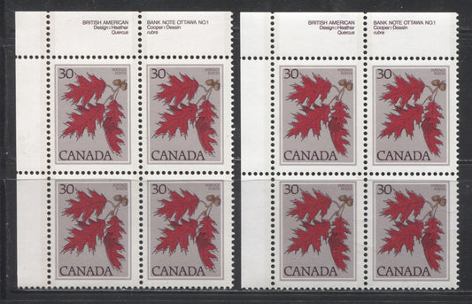 Canada #720 30c Multicoloured Red Oak, 1977-1982 Floral & Environment Issue, VFNH UL Plate Blocks on DF/DF-fl Paper With Solid Background, Showing the Normal Leaves and Winter Leaves Variety