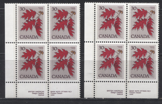 Canada #720 30c Multicoloured Red Oak, 1977-1982 Floral & Environment Issue, Fine and VFNH LL Plate Blocks on DF/LF-fl Paper With Solid Background, Showing the Normal Leaves and Winter Leaves Variety
