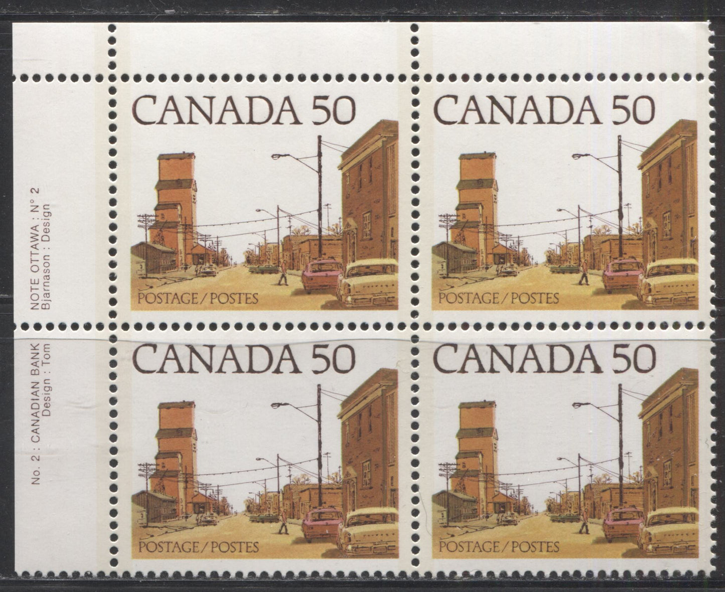 Canada #723Aiii 50c Multicoloured Prairie Street Scene, 1977-1982 Floral & Environment Issue, a VFNH UL Plate 2 Block of the DF/LF-fl Paper, Showing the "Dented Bumper" Variety on Positions 6 and 7, Brown Building at Right