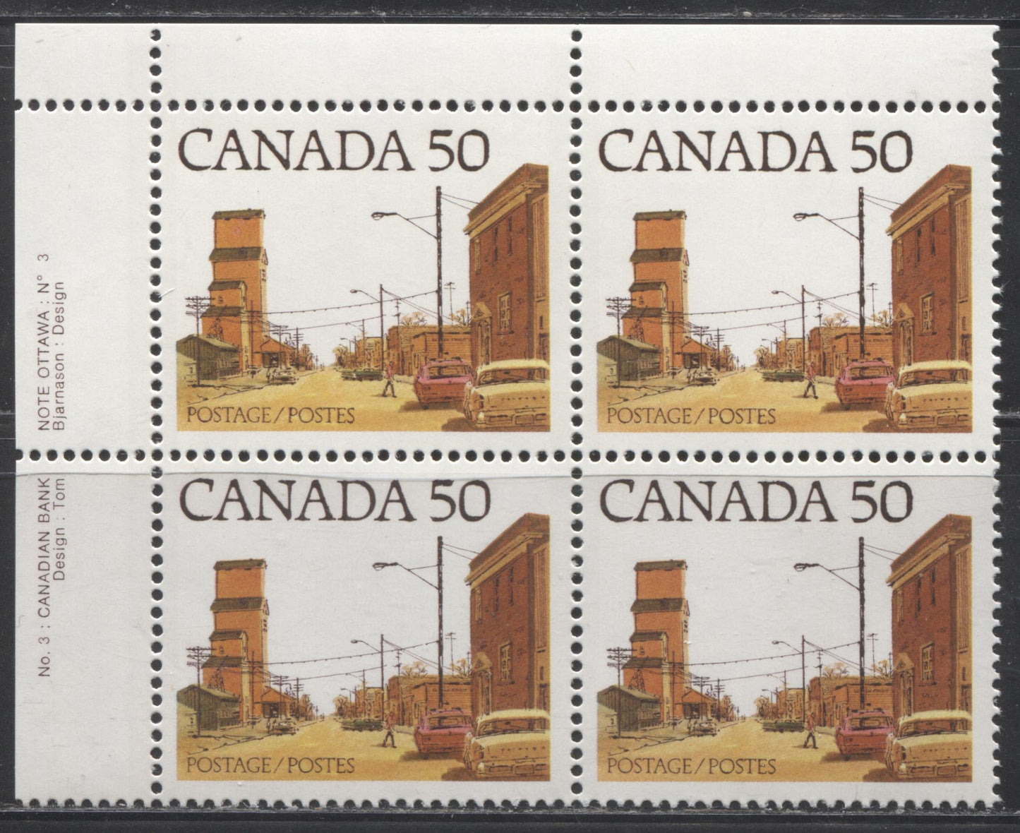 Canada #723Aiii 50c Multicoloured Prairie Street Scene, 1977-1982 Floral & Environment Issue, a VFNH UL Plate 3 Block of the DF/DF Paper, Showing the "Dented Bumper" Variety on Positions 6 and 7, With Hollow Dot on Position 7, Red Brown Building at Right