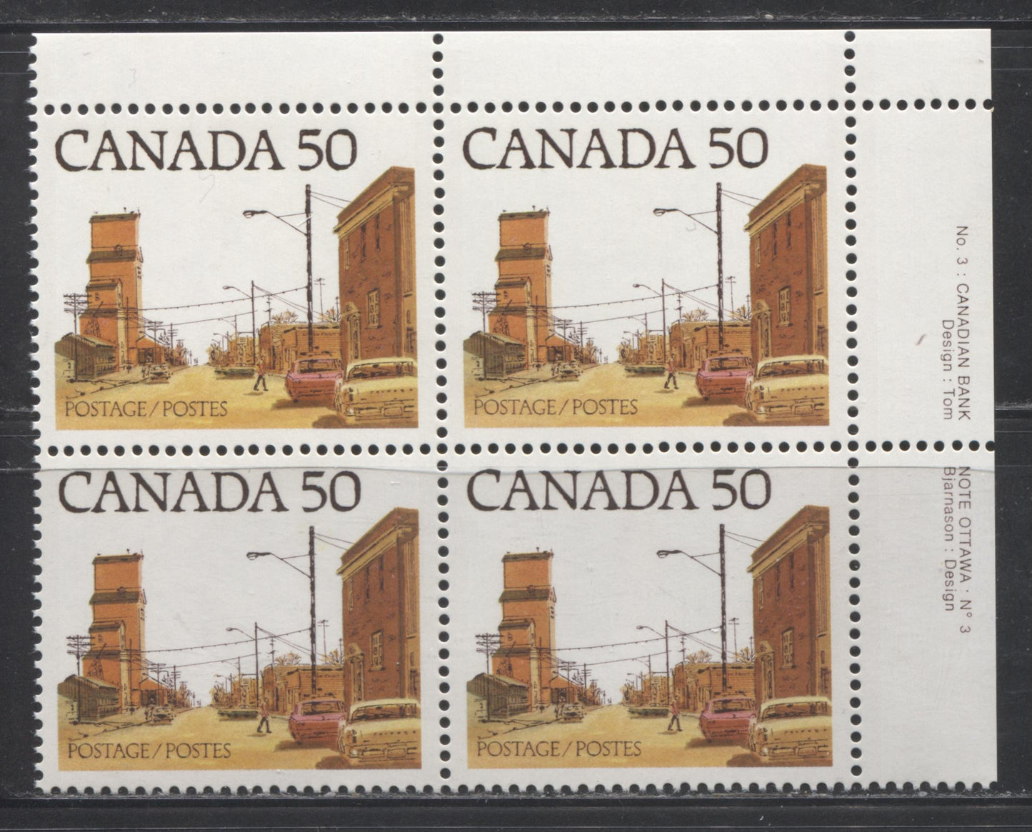 Canada #723Aiii 50c Multicoloured Prairie Street Scene, 1977-1982 Floral & Environment Issue, a VFNH UR Plate 3 Block of the NF/NF Paper, Showing the "Dented Bumper" Variety on Positions 9 and 10, Red Brown Building at Right