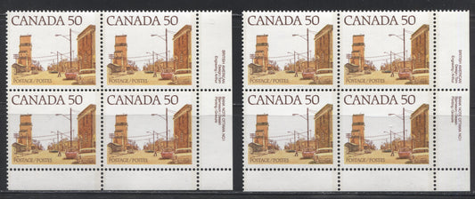Canada #723 50c Multicoloured Prairie Street Scene, 1977-1982 Floral & Environment Issue, 2 VFNH LR Plate Blocks on NF/LF-fl Paper, Showing Different Building Colours