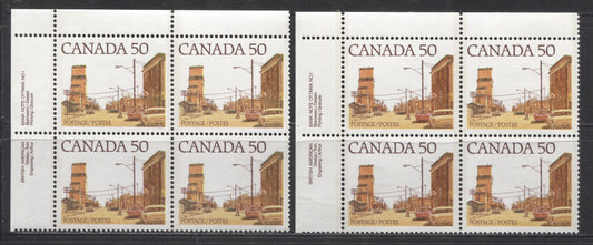 Canada #723 50c Multicoloured Prairie Street Scene, 1977-1982 Floral & Environment Issue, 2 VFNH UL Plate Blocks on NF/LF-fl Paper, Showing Different Building Colours