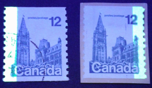 Canada #729T1 & T6 12c Blue Parliament Buildings, 1977-1982 Floral & Environment Issue, Very Fine Used Coil Singles Showing the G2aR and G2aL Tagging Errors