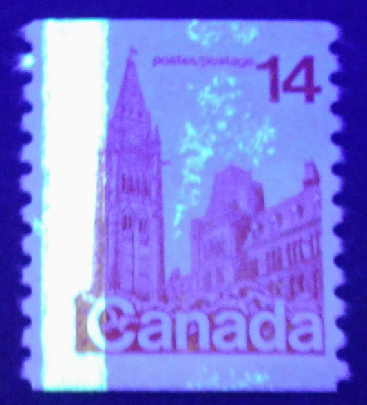 Canada #730T2a 14c Bright Red Parliament Buildings, 1977-1982 Floral & Environment Issue, a Fine NH Coil Single Showing the G2aC Tagging Error Plus Tag Blotches, NF-fl Paper With Light Tagging
