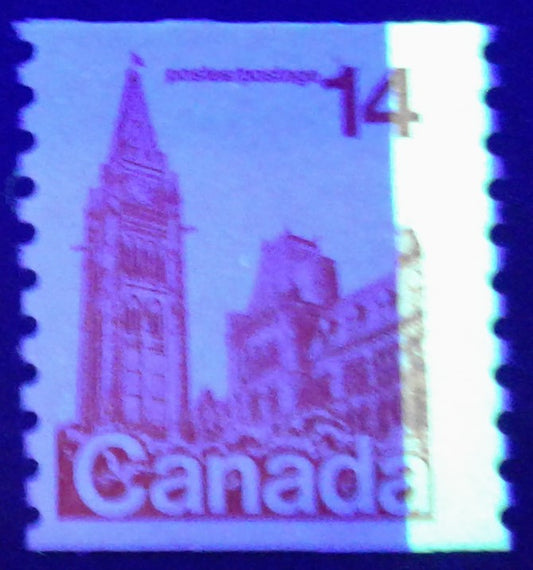 Canada #730T8 14c Bright Red Parliament Buildings, 1977-1982 Floral & Environment Issue, a Fine NH Coil Single Showing the G2aR 1-Bar Tagging Error, on DF Paper With Light Tagging