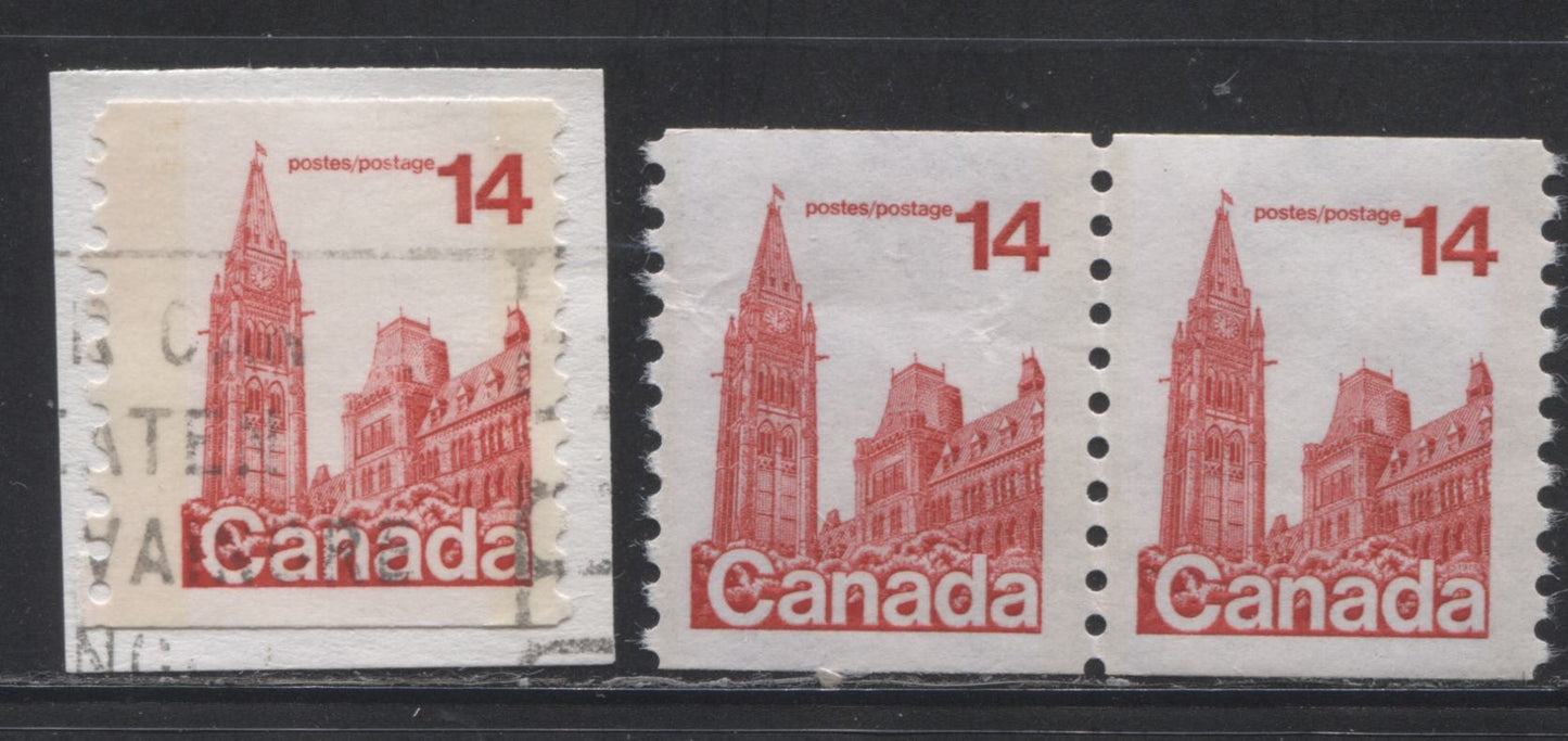 Canada #730T7 14c Bright Red Parliament Buildings, 1977-1982 Floral & Environment Issue, a Fine Used Coil Single Showing the G2aL and G2aR Tagging Errors, on LF-fl Paper With Light Tagging