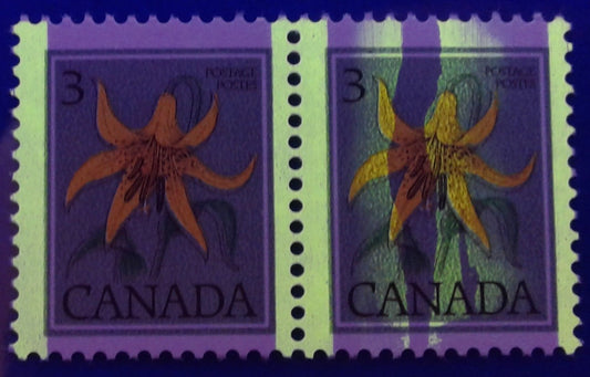 Lot 309 Canada #783var 3c Multicoloured Canada Lily, 1977-1982 Floral & Environment Issue, a Fine NH Pair Showing A Taggant Spill Affecting The Right Stamp