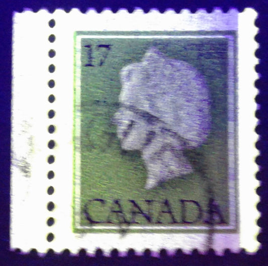 Lot 308 Canada #789T7 17c Green And Black Queen Elizabeth II, 1977-1982 Floral & Environment Issue, A Very Fine Used Single, With Normal Tagging and Tag Wash Over Entire Stamp, DF/DF Paper and Mottled Background
