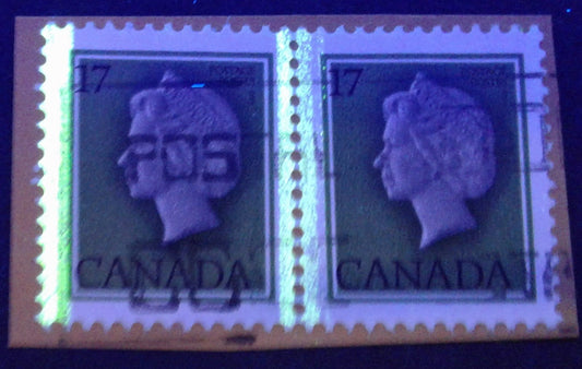 Canada #789T5 17c Green And Black Queen Elizabeth II, 1977-1982 Floral & Environment Issue, A Very Fine Used Pair on Piece, With G2aL1-Bar Tag Error on Right Stamp, DF Paper and Mottled Background