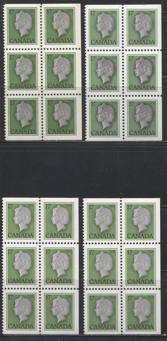 Canada #789a, as 17c Green And Black Queen Elizabeth II, 1977-1982 Floral & Environment Issue, 4 VFNH Booklet Blocks of 6 Taken From the Larger Booklets, Various Papers and Shades