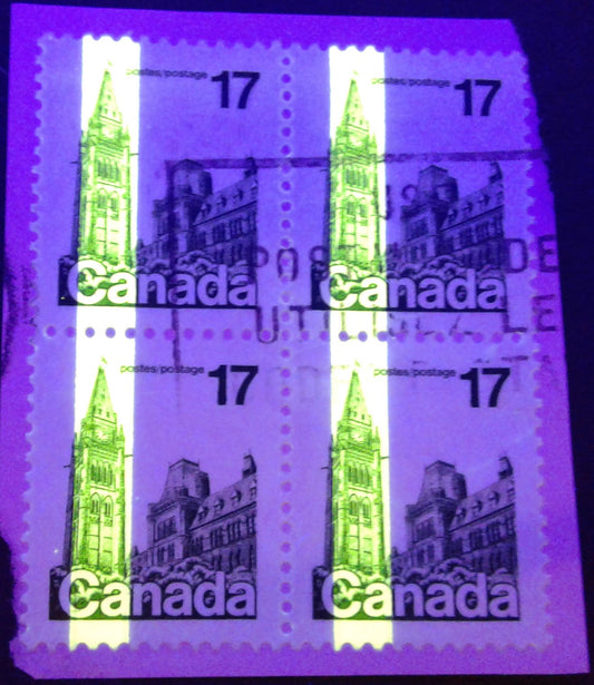 Canada #790T5 17c Dark Green Parliament Buildings, 1977-1982 Floral & Environment Issue, A Very Fine Used Block on Piece Showing G2aC Tagging Error, on  LF-fl Paper With Invisible Tagging