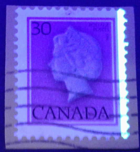 Canada #791T6 30c Deep Magenta And Black Queen Elizabeth II, 1977-1982 Floral & Environment Issue, A Very Fine Used Single on Piece, Showing a G2cR Tagging Error