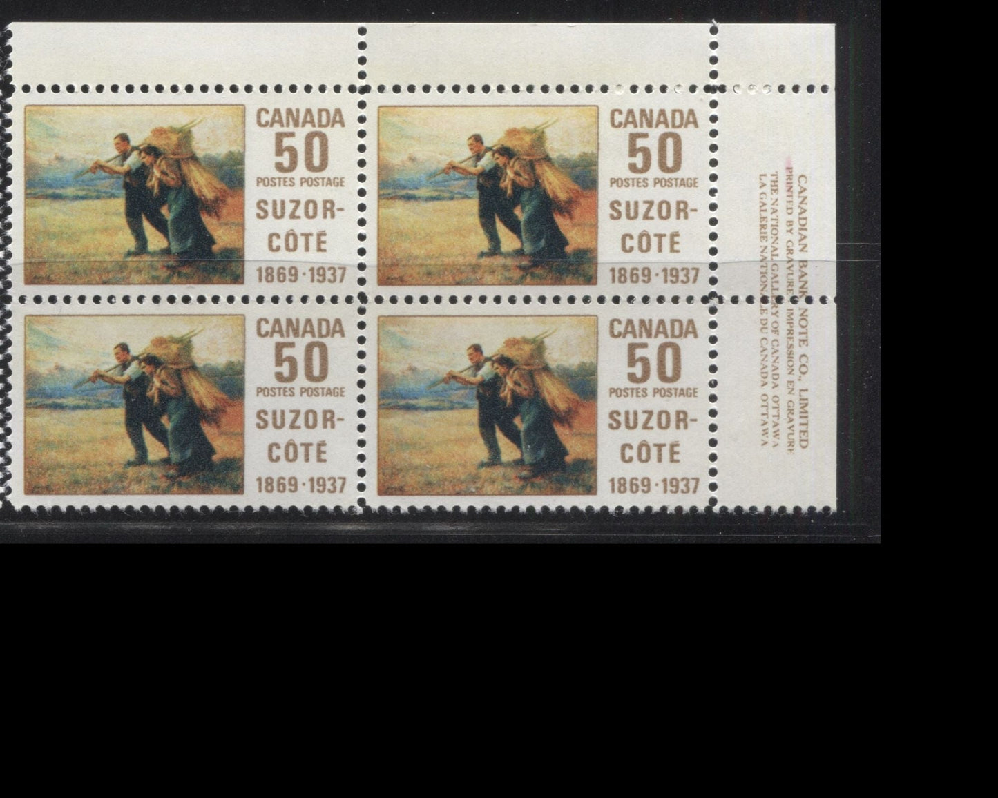 Lot 87A Canada #492 50c Multicolored Return From The Harvest Field, 1969 Suzor-Cote Issue, A VFNH UR Plate Block Of 4