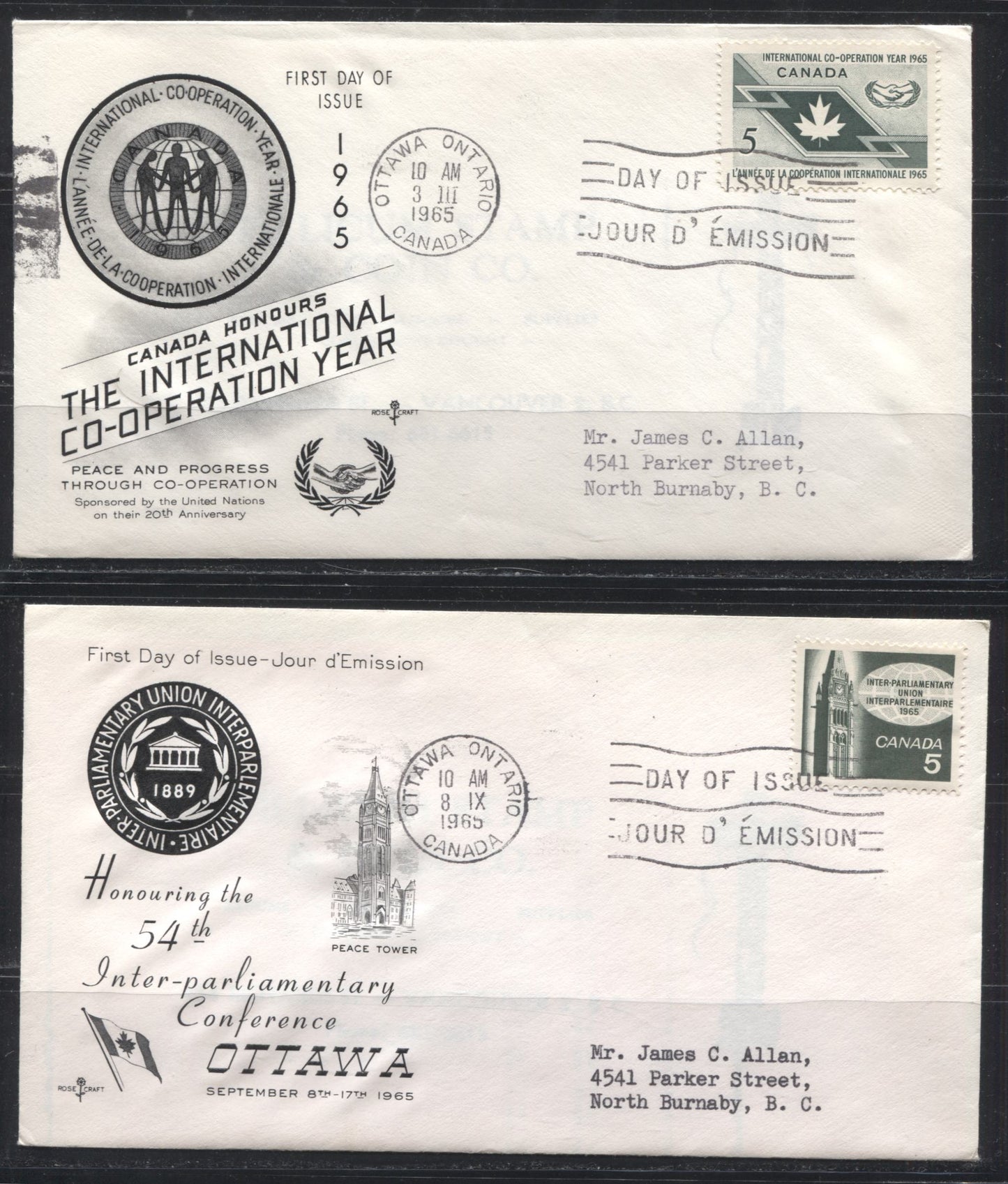 1965 Commemorative Issues - 8 Rosecraft and 1 Chickering First Day Covers Franked With Singles and Blocks of 4