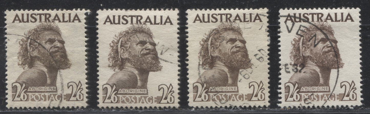 Australia #248, 303 (SG#253-253ba) 2/6d Sepia Brown Aborigine, 1952-1965, VF Used Examples of All Listed Printings, Plus Extra Shade Variety