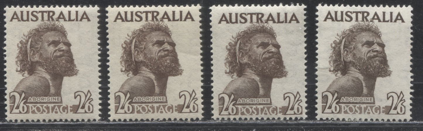 Australia #248 (SG#253) 2/6d Sepia Brown Aborigine, 1952-1965, Four Different Printings of the Watermarked Stamp, Almost All VFNH
