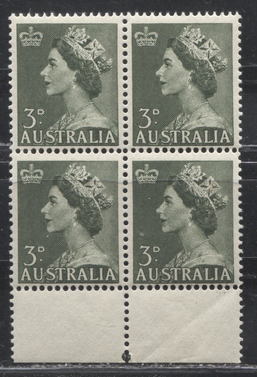 Australia #257 (SG#262ab) 3d Deep Grey Green Queen Elizabeth II, 1953-1954 Definitive Issue, a Fine NH Vertical Coil Block of 4 on Translucent Paper