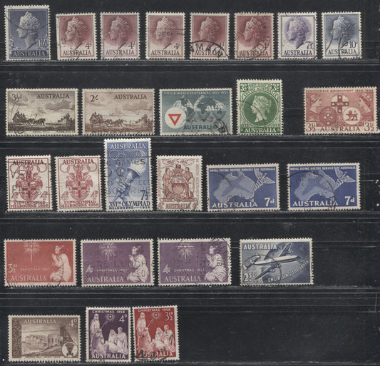 Australia #279/313, C8 (SG#282/307) 1956-1958 Commemoratives and 1954-57 Definitives, A Specialized Lot of 26 Mostly Fine Used Stamps