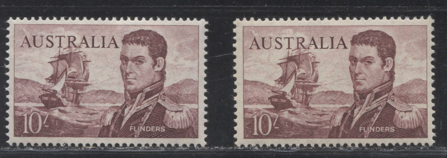 Australia #377 (SG#358-358a) 10/- Maroon Matthew Flinders, 1963-1966 Definitive Issue, VFLH and VFNH Examples of the Cream and White Papers