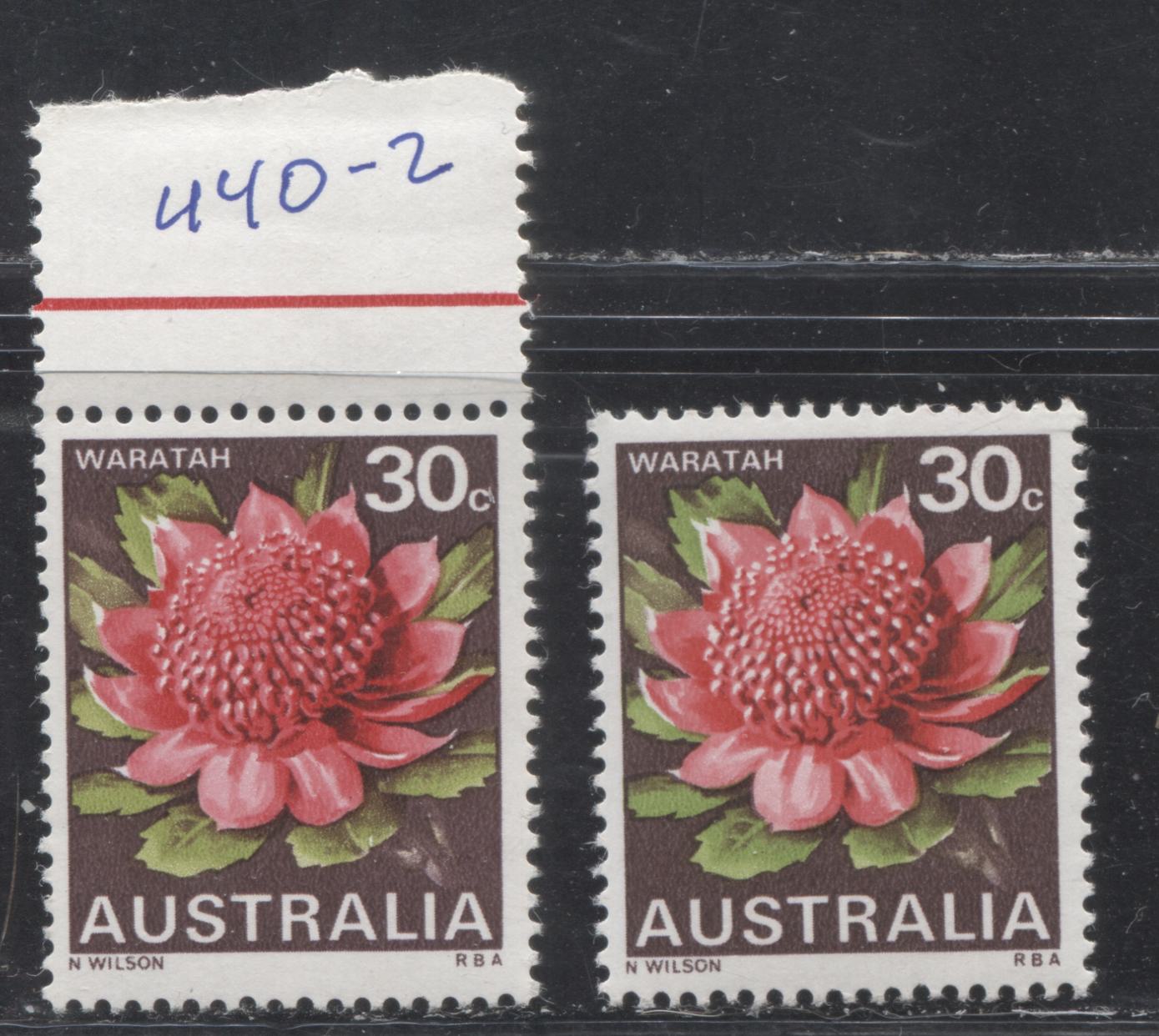 Australia #439 (SG#425-425b) 30c Waratah 1968-1971 Floral Definitives, VFNH Examples of Types 1 and 2