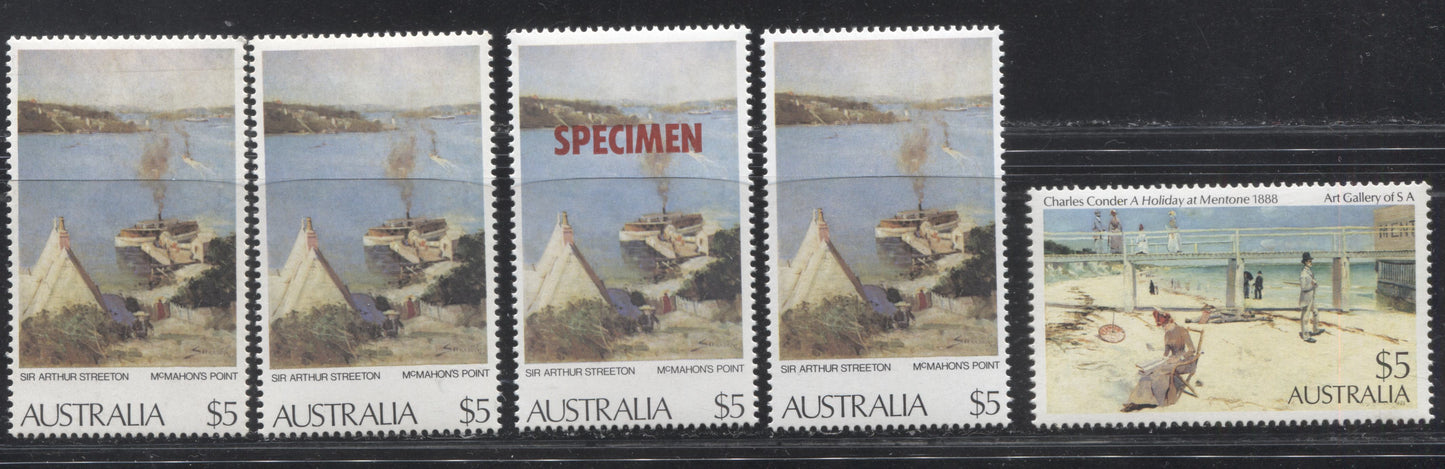 Australia #577-578 1973-1981 Definitive Issue, A VFNH Group of 5 of the $5 Values, Each on a Slightly Different Paper or Printed in a Different Shade, Including a Specimen Overprint